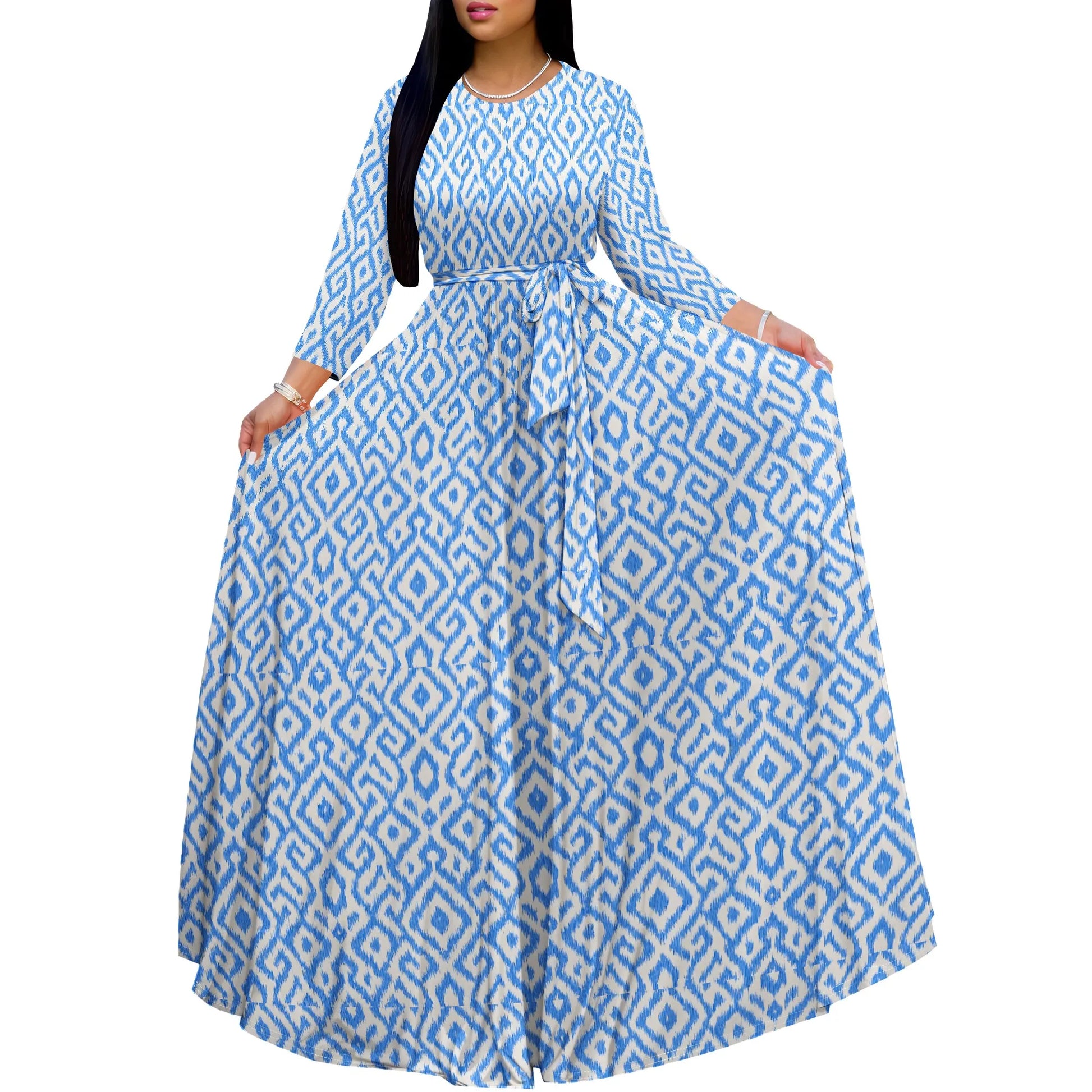 Long Sleeve Plus Size Maxi Fall Dress for Curvy Women Round Neck 3/4 Sleeve Long Dress Cocktail Party Dress - Colouronova