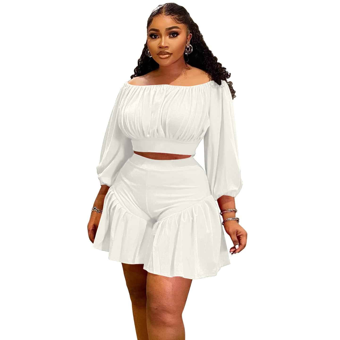 Plus-Size Off-Shoulder Pleated Women's Set