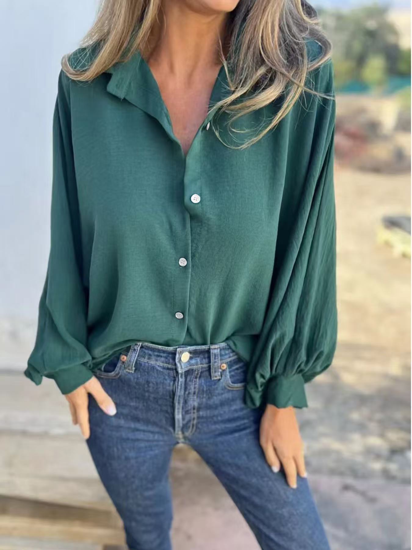 Women's Lapel Button Front Long Sleeve Shirt Colouronova