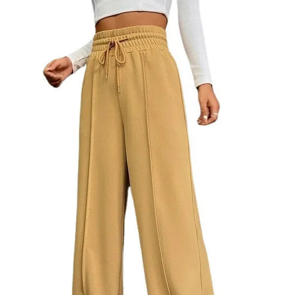 High Waist Wide Leg Pants Women Full Length Trousers Solid Capris Drawstring Pockets Loose Fit Sports Casual Slight Strech - Colouronova