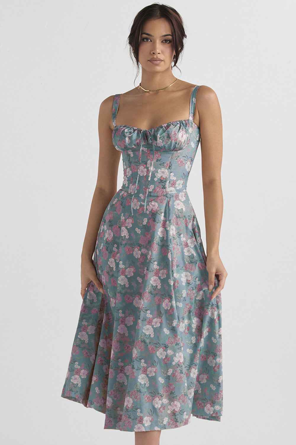Elegant Sling Midi Dress with Floral Patterns