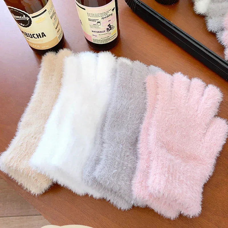 Fashion Winter Mink Velvet Five Finger Gloves Plush Warm Cold-proof Gloves Women Outdoors Cycling Solid Color Wistiti Mittens - Colouronova