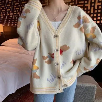 Knitted Korean Cardigan Woman's Clothes Cute V-neck Jacquard Loose Outerwear Lazy Style Youth Lively Fashion Trend Autumn Winter - Colouronova