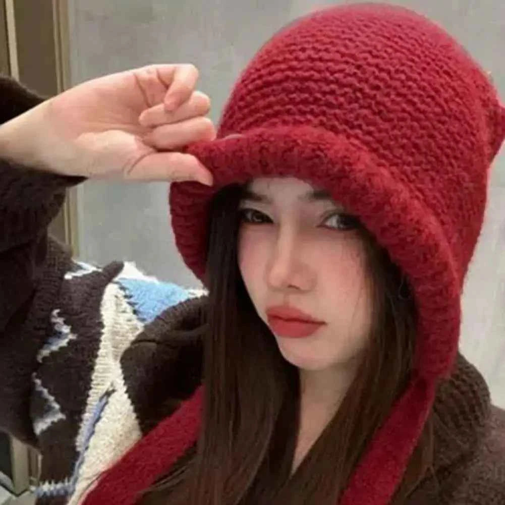 Y2K Cute Beanies Autumn Winter Women Warm Japanese Knit Hat Pile Caps Windproof Ear Protection Tie Pullover Hat Gorro Bonnet