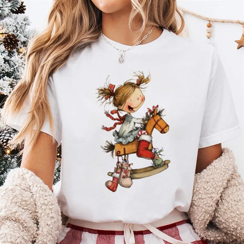 Trendy Women's Cute Christmas Happy Fashion New Year T-Shirt Girls' Christmas Socks Pattern Printed Short Sleeve Basic T-Shirt - Colouronova