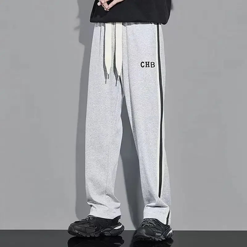 Fleece Thick Warm Straight Casual Pants Men Autumn Winter New Patchwork Striped Drawstring Waist Loose Versatile Sports Trousers - Colouronova