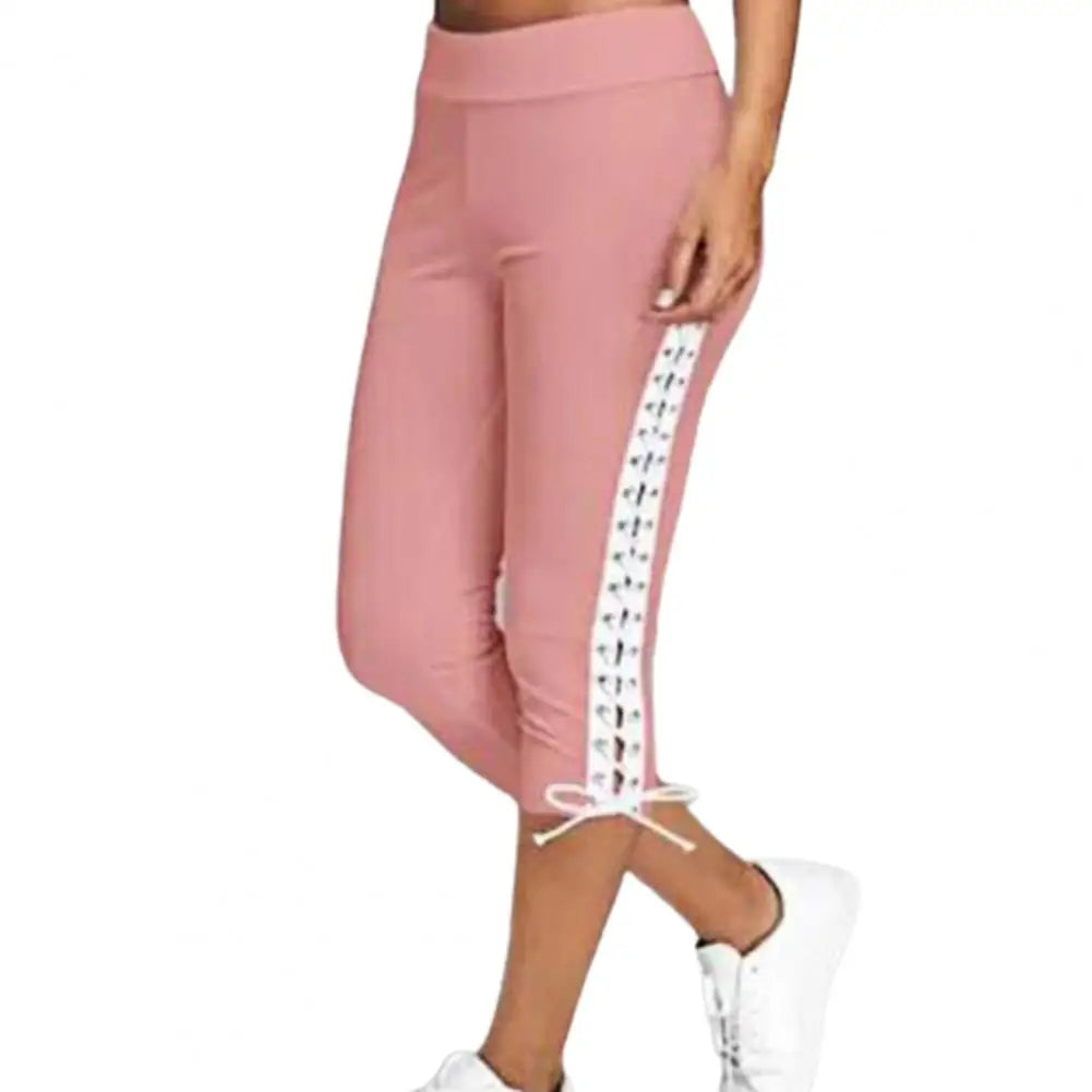 Women High Waist Cropped Trousers Drawstring Bandage Skinny Leggings Pants Joggers For Ladies - Colouronova