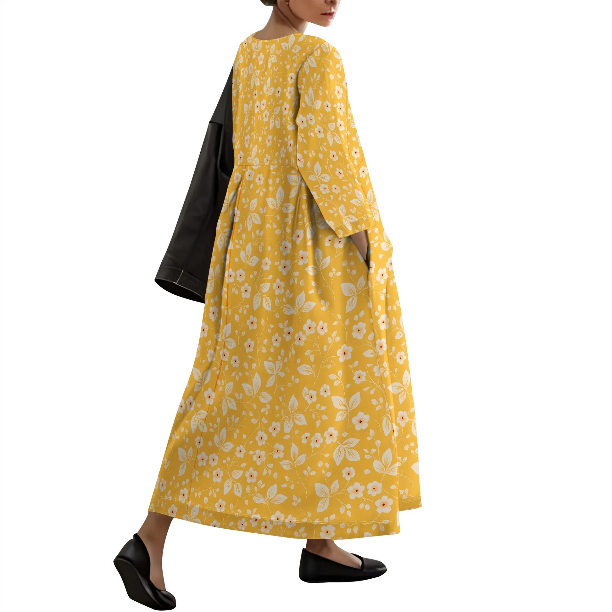 Women's Long Sleeve Elegant Solid Color Autumn Maxi Dresses Casual Loose Plus Size Beach Dress for Women with Pockets - Colouronova