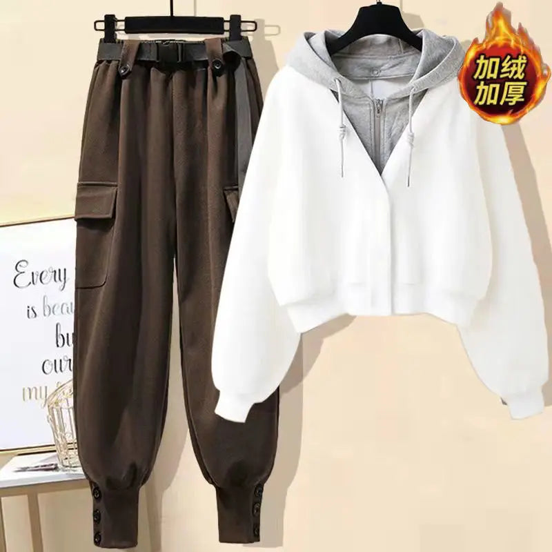 Autumn and Winter Collection with Plush and Thick Long Sleeved Hooded Jacket Work Pants Two-piece Set Women's Pants Set - Colouronova