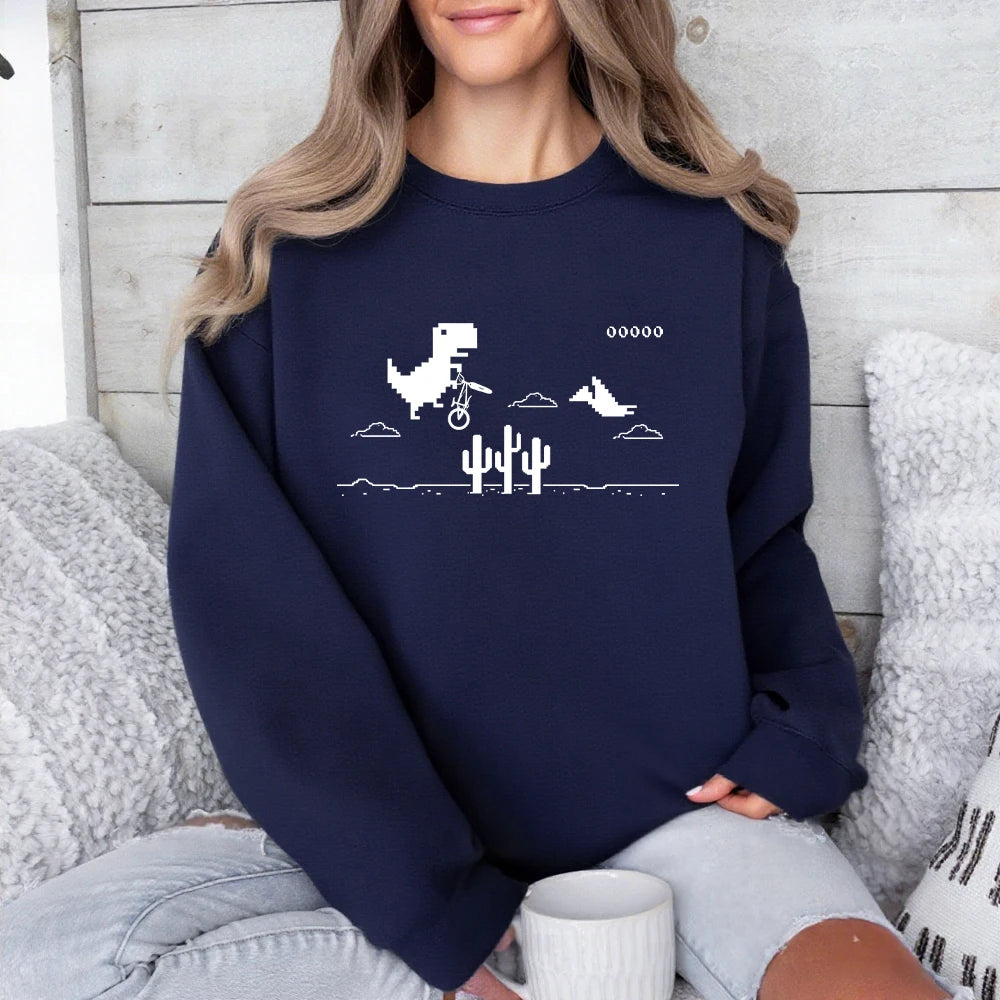 Pixel Art Of The Dino Game Printed Sweatshirts Women Crewneck Sporty Hoodies Loose Fleece Warm Tops Autumn Casual Womans Clothes - Colouronova