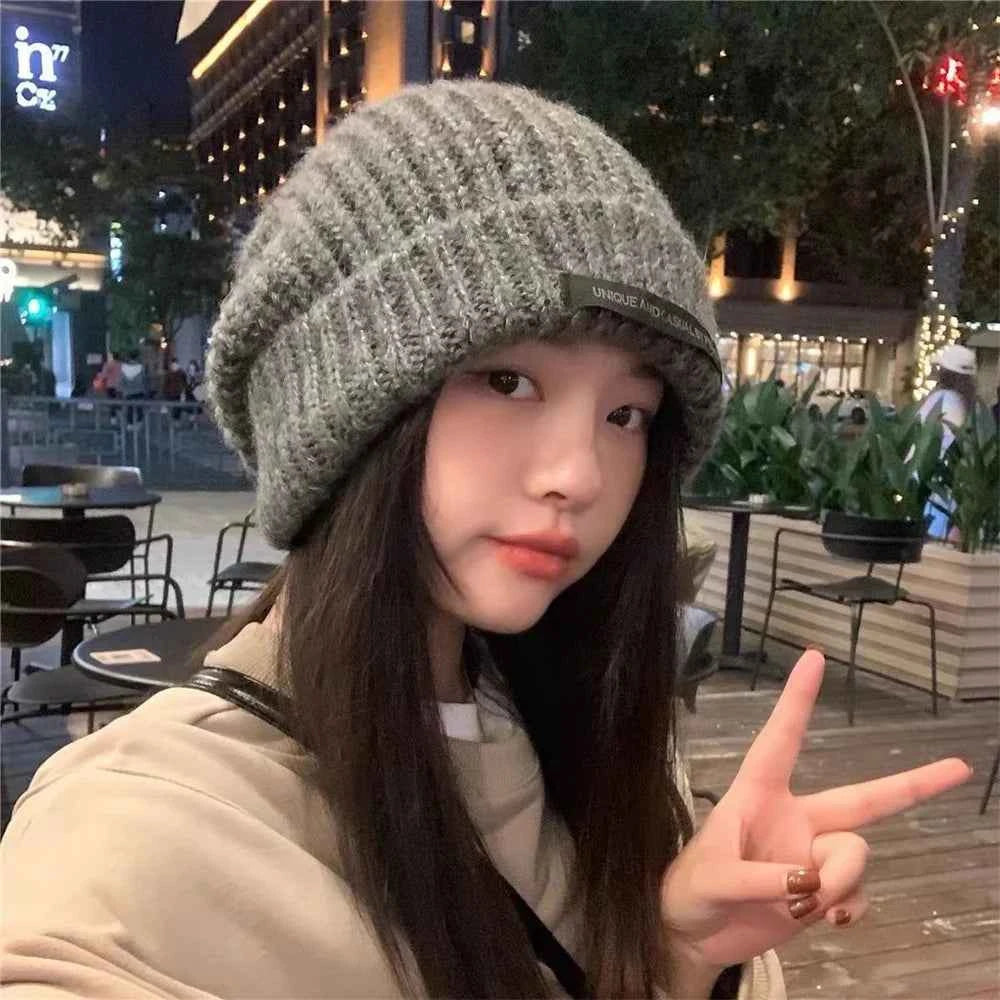 Women Warm Cap Simple Winter Wool Knitting Bonnet Solid Color Ins Versatile Stacked Cap Fashion Knitted Skull Hat Headwear