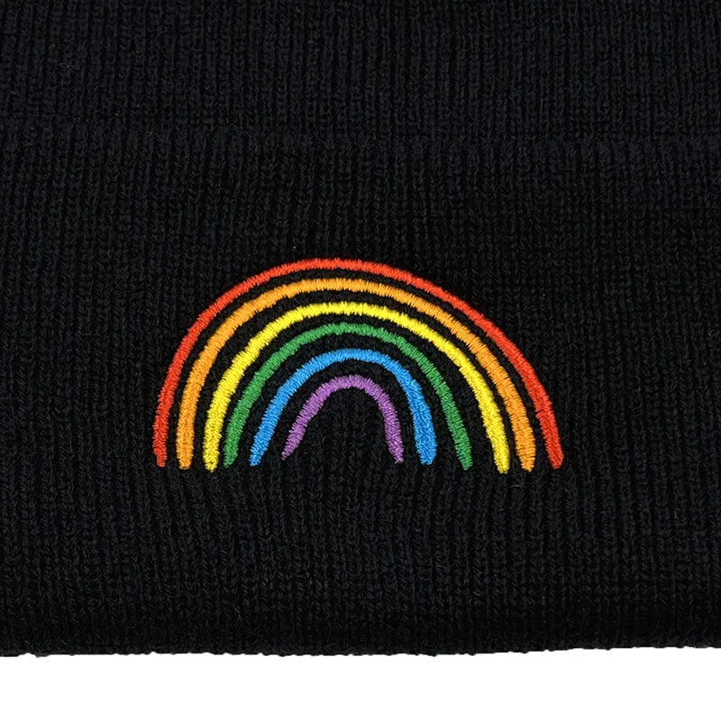 Cute Rainbow Beanies Women Autumn Winter Warm Hat Simple Solid Color Cartoon Embroidery Caps for Men Knitted Unisex Bonnet Gifts - Colouronova