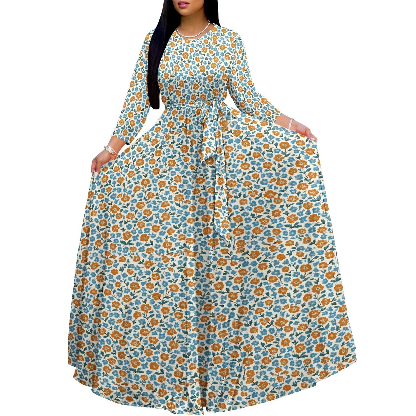 Long Sleeve Plus Size Maxi Fall Dress for Curvy Women Round Neck 3/4 Sleeve Long Dress Cocktail Party Dress - Colouronova