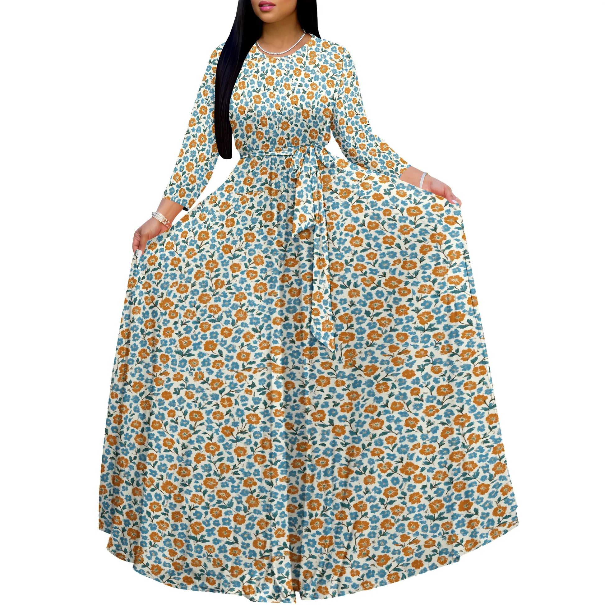 Long Sleeve Plus Size Maxi Fall Dress for Curvy Women Round Neck 3/4 Sleeve Long Dress Cocktail Party Dress - Colouronova