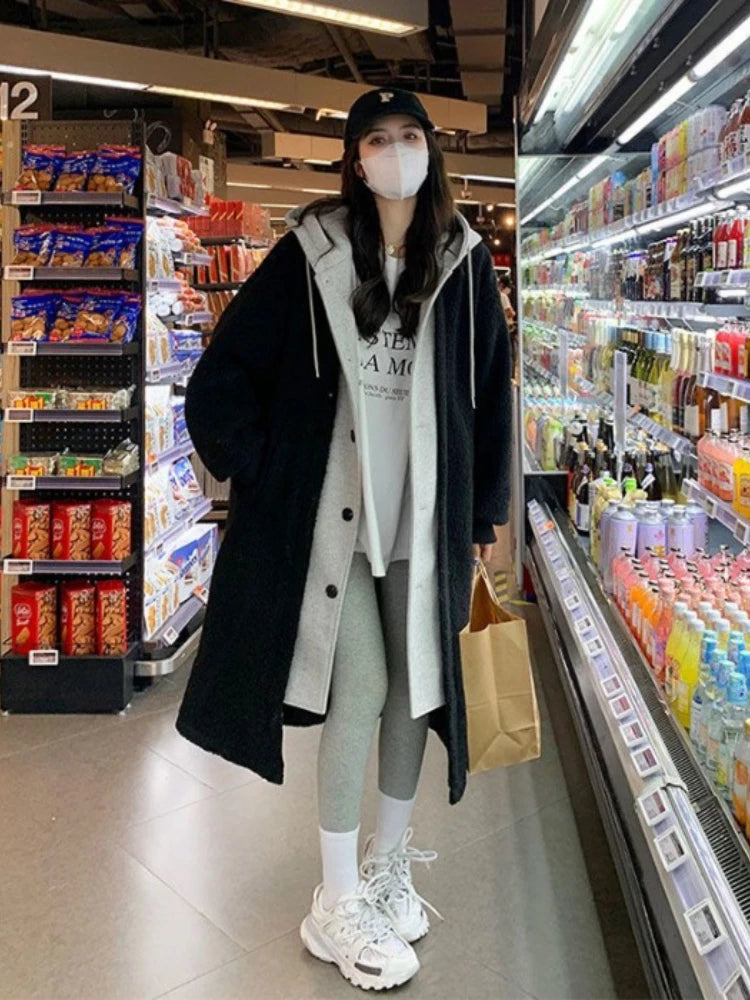 Women Wool Coat Thick Long Jacket Hooded Suits Full Sleeve Single Breasted Solid Blends Warm Elegant Lady Pocket Winter - Colouronova