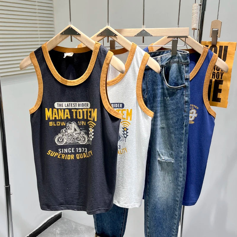 Summer Japan Retro Printed Basketball Loose Sleeveless T-shirt Tank Tops American Vintage Casual 100% Cotton Vest Tees for Men - Colouronova