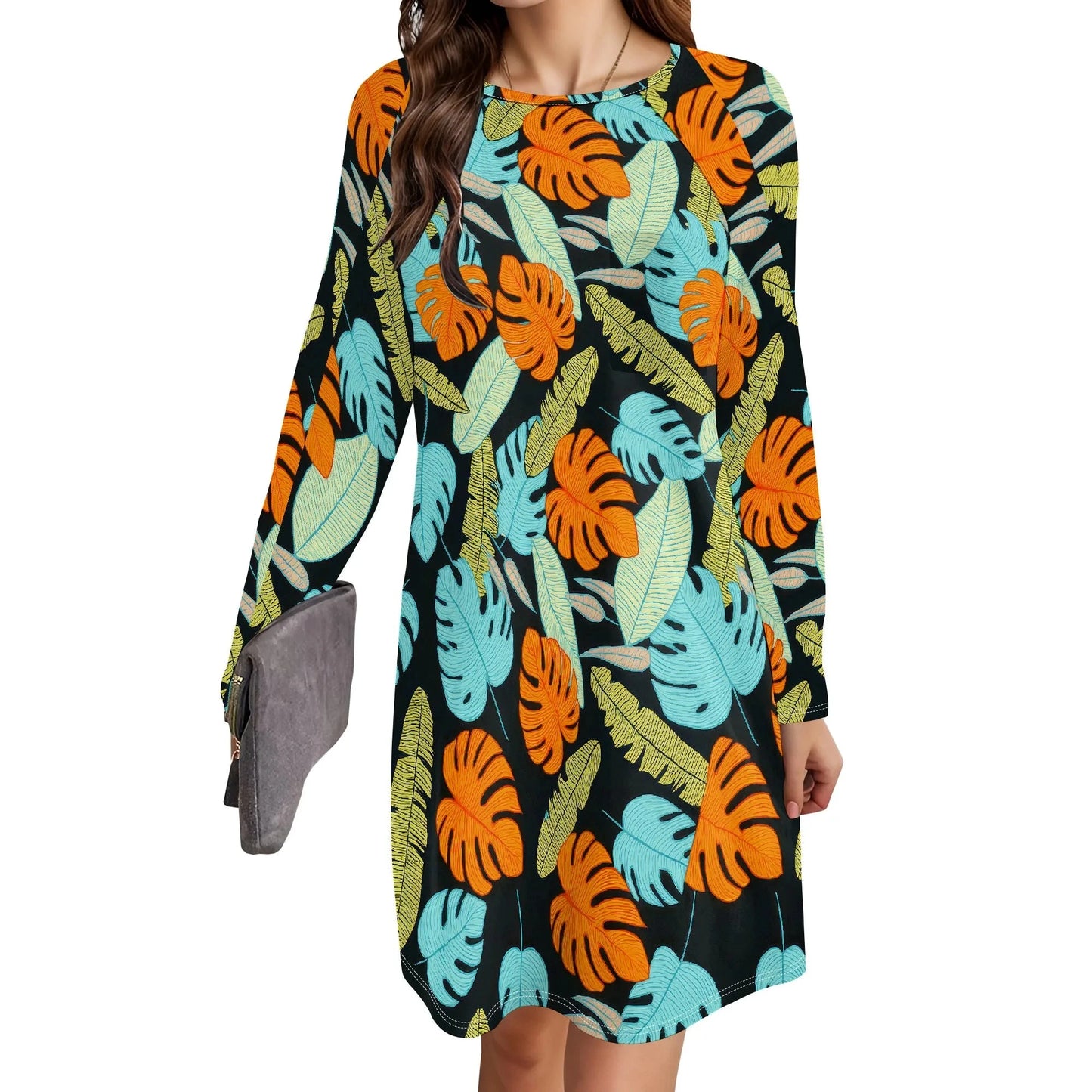 Women's Animal Print Dress Long Sleeve Crew Neck Winter Pullover Casual Loose Comfort Midi Dresses Colouronova