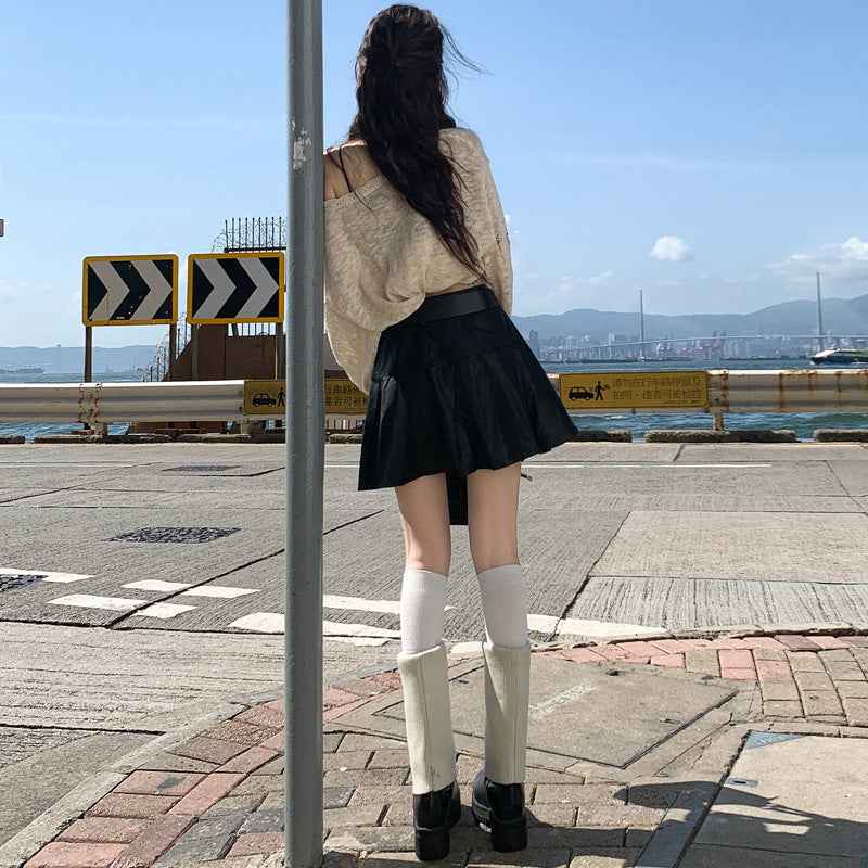 Womens PU Leather A-Line Skirt with Belt