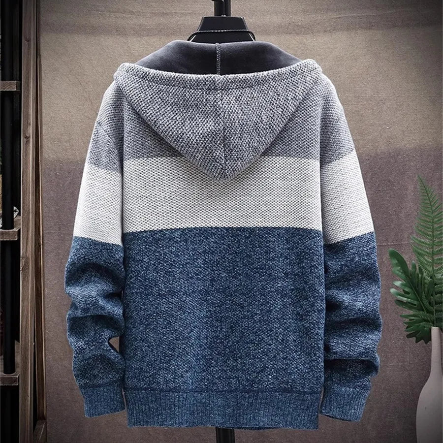 Men Patchwork Winter Warm Sweaters Fleece Jumper Hooded Cardigan Men's Clothing Knitted Coat Male Knitwear Thick Slim Jacket - Colouronova