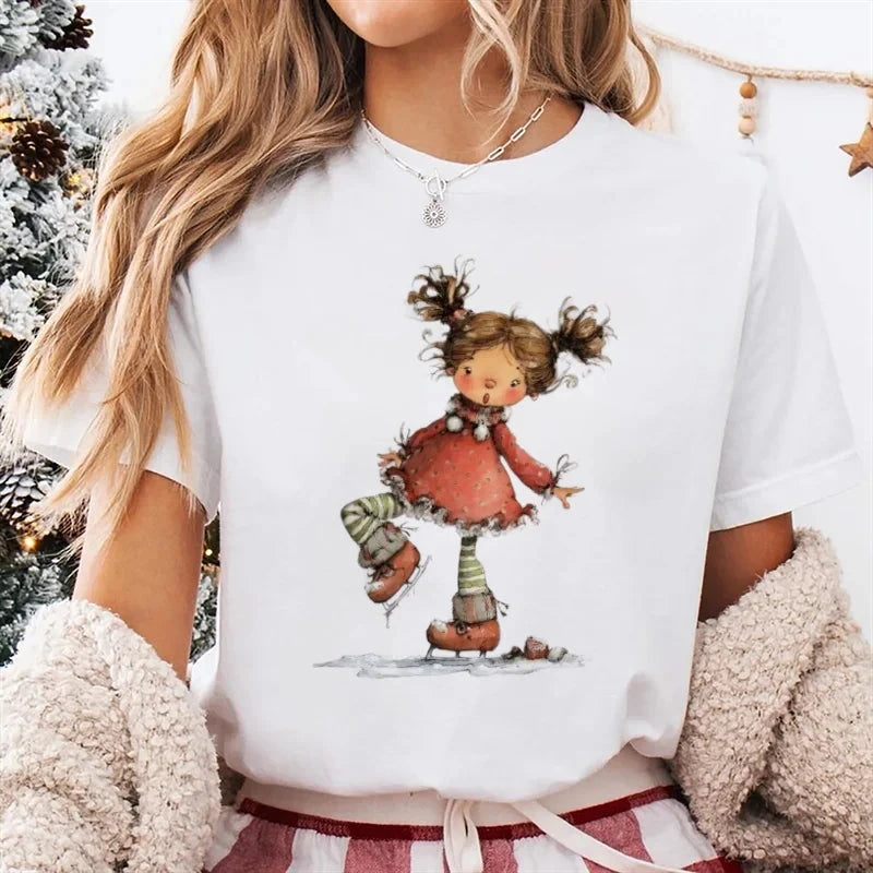 T-Shirt Women's Christmas Socks Christmas Gift Cartoon Street Round Neck Top Women's Casual Harajuku Fashion New Year T-Shirt Colouronova
