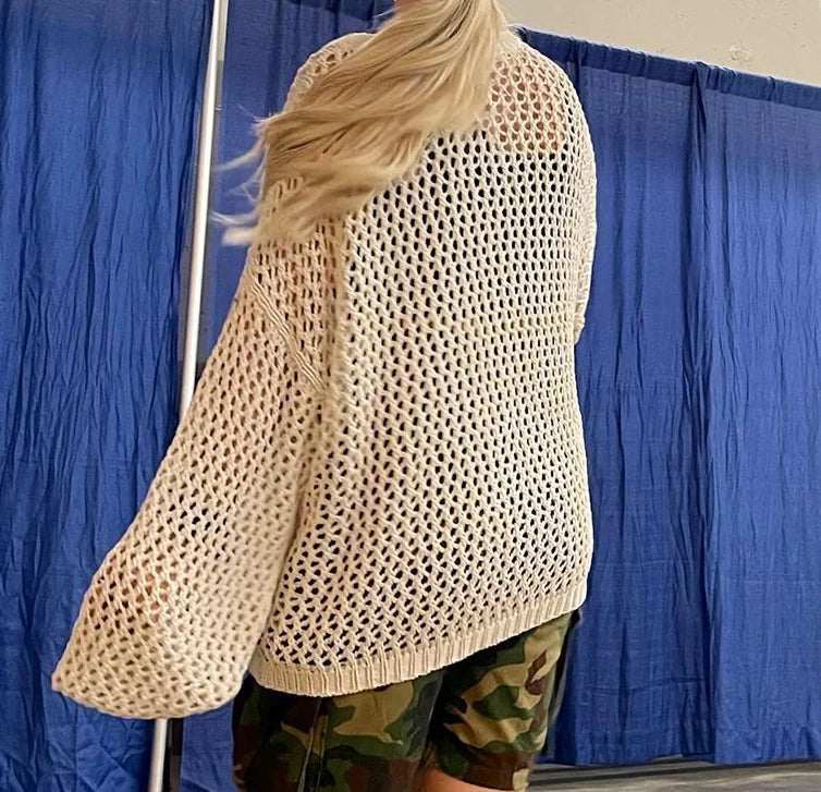 Women's Y2K Sweater 2024 Winter Lazy Solid Color Star Pattern Hollow Out Hoodie Jacket Loose Fit O-Neck Long Sleeve Casual Top - Colouronova