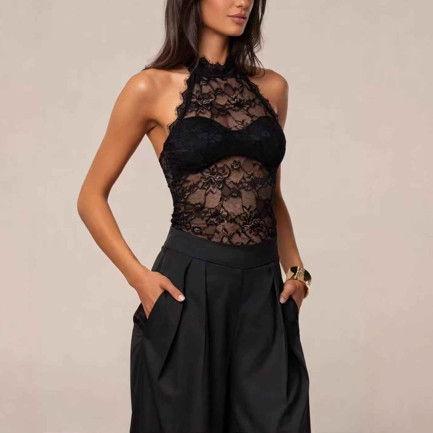 Black Halter Neck Lace Bustier Tank Top