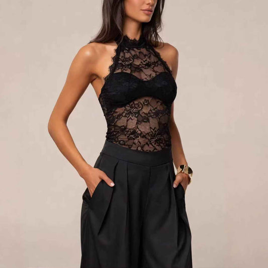 Black Halter Neck Lace Bustier Tank Top