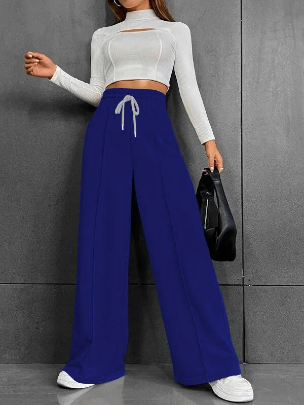 High Waist Wide Leg Pants Women Full Length Trousers Solid Capris Drawstring Pockets Loose Fit Sports Casual Slight Strech - Colouronova