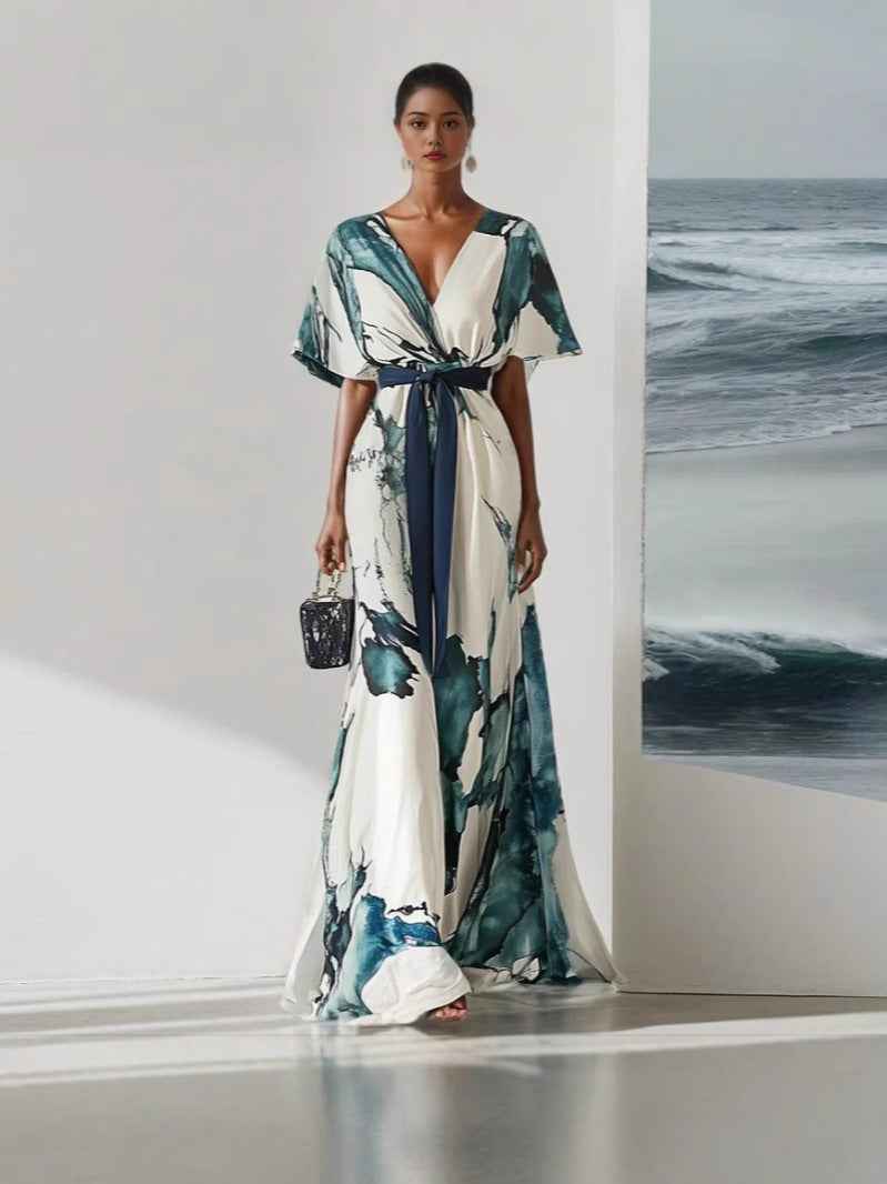 V-neck Digital Print A-line Dress