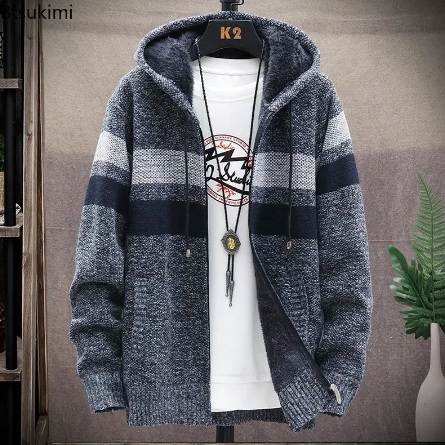 2025 Men's Winter Thick Warm Striped Cardigan Sweater Hooded Faux Fur Wool Jacket Windbreaker Fleece Jumper Knitted Jacket Male - Colouronova