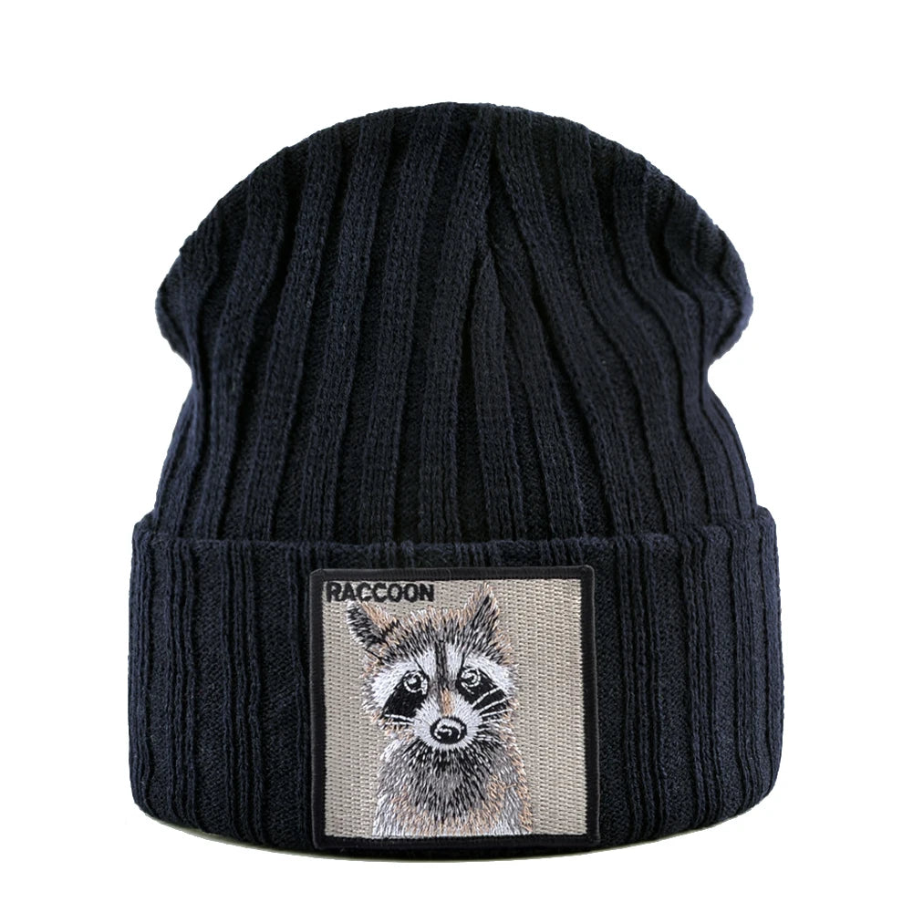 Unisex Black Beanie Hat With Animals Embroidery Patch Knitted Skull Cap For Men Women For Autumn Winter Streetwear Bonnet Hats - Colouronova
