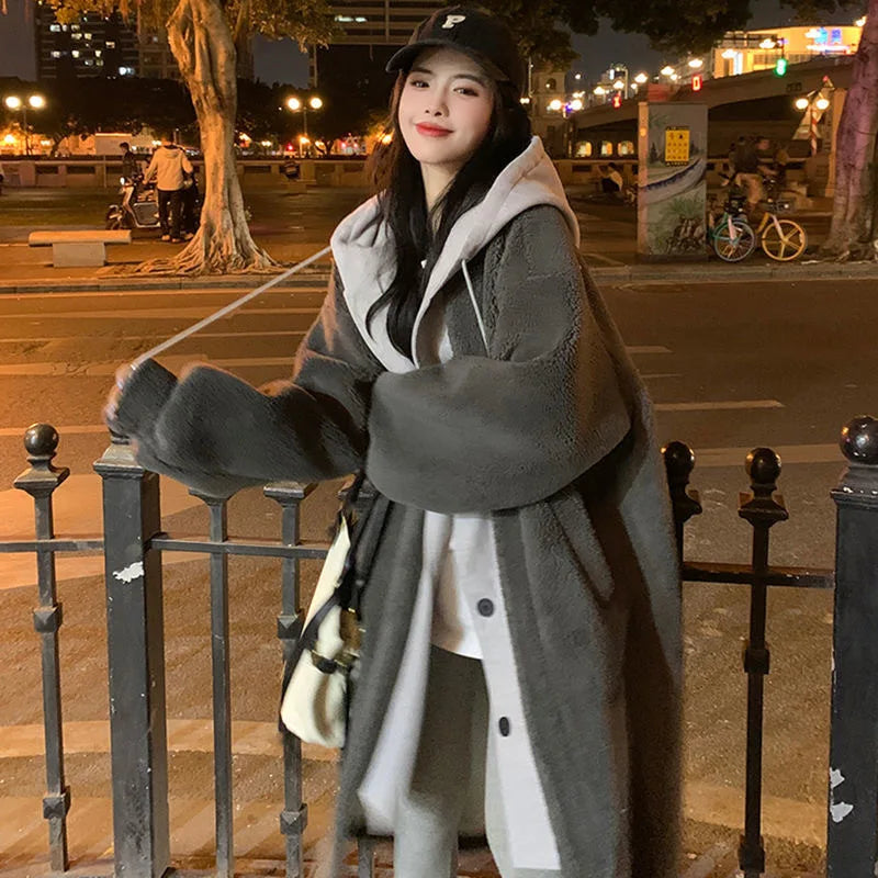 Women Wool Coat Thick Long Jacket Hooded Suits Full Sleeve Single Breasted Solid Blends Warm Elegant Lady Pocket Winter - Colouronova