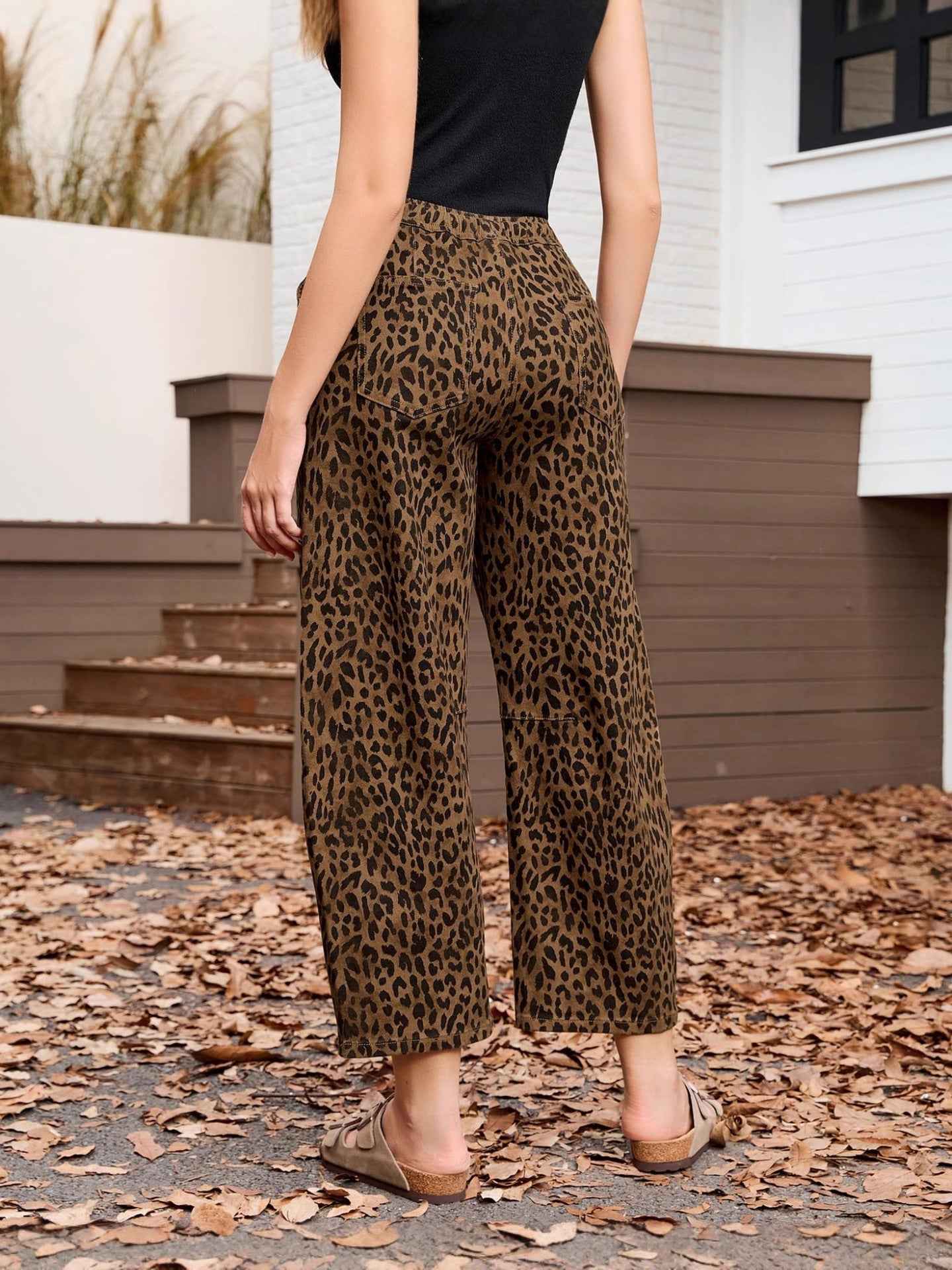 Elastic Waist Leopard Print Straight Leg Pants