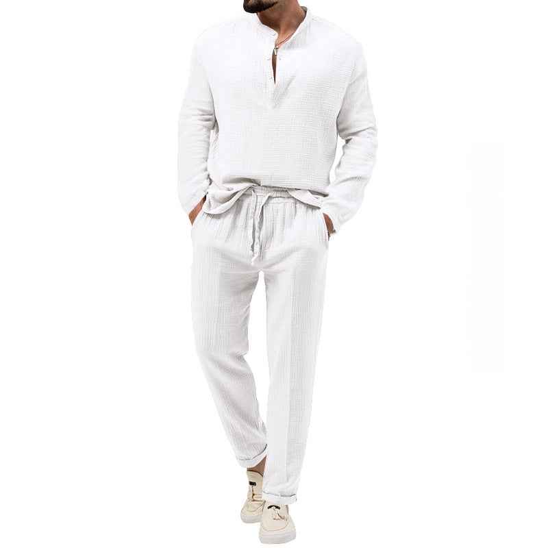 Men's Pure Color Casual Long Sleeve Shirt and Pants Set
