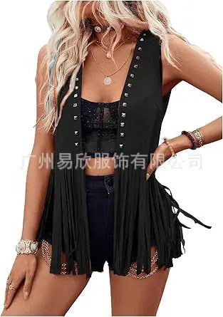 Vests Women Sleeveless Y2k Coats Cardigan Streetwear Tassel High Street Jacket Loose Rivet Slight Strech 2025 Summer Leather - Colouronova