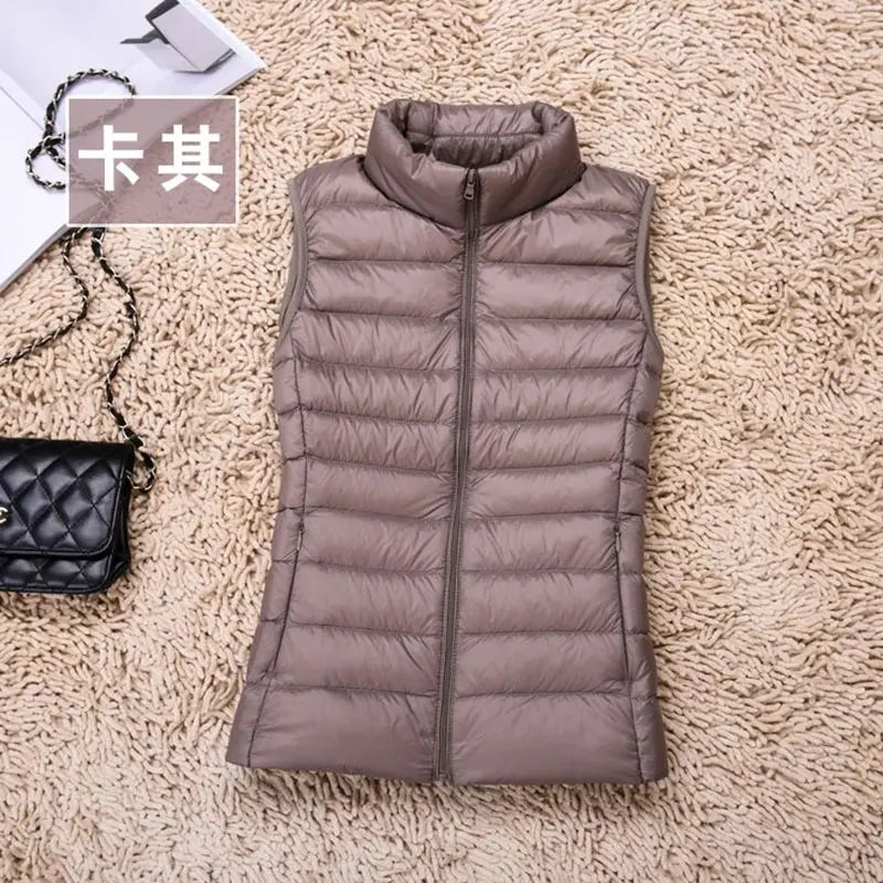2024 Women's Clothing Down Coats White duck down slim fit new lightweight down vest short standing collar warm thin jacket vests - Colouronova