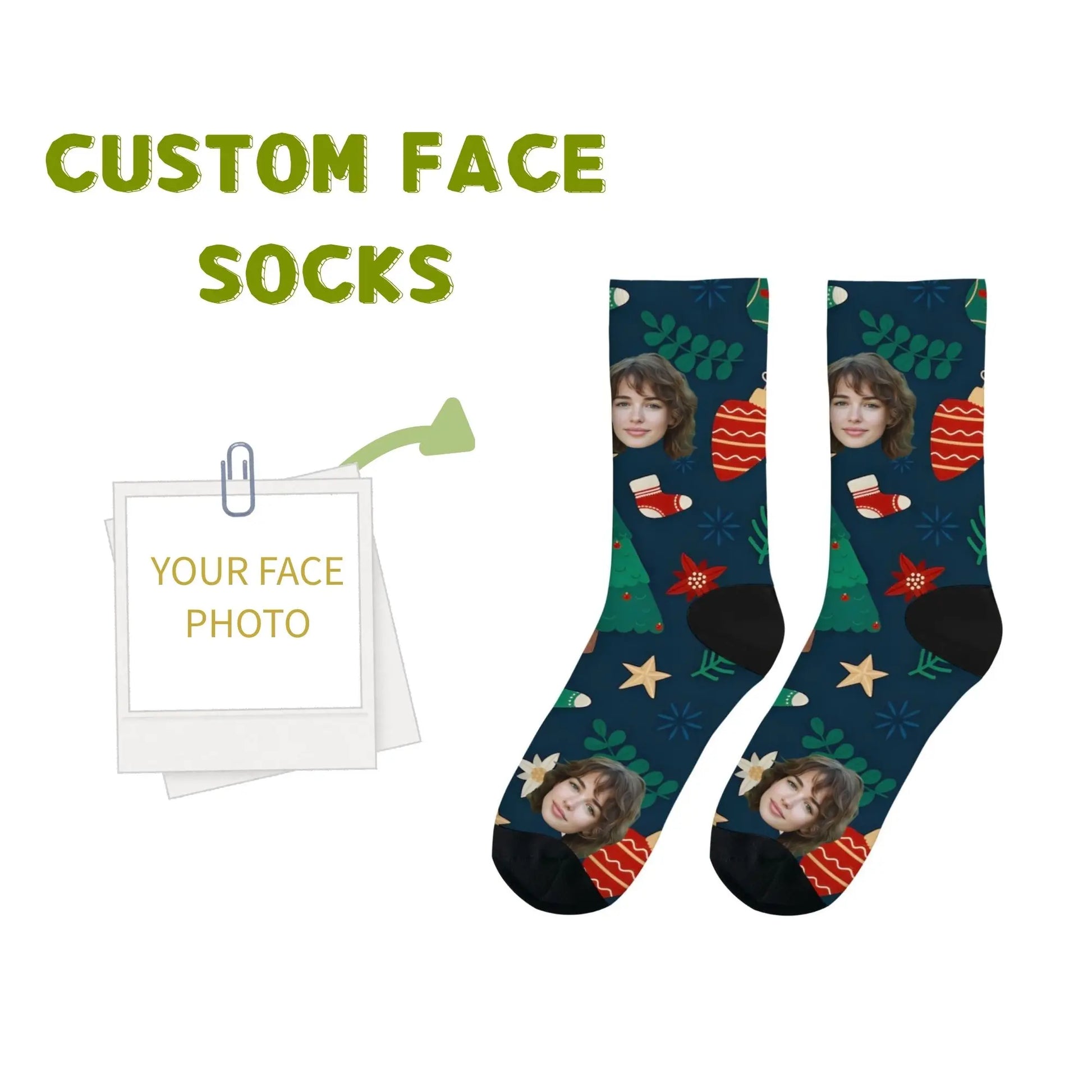 Personalized Christmas Gift Socks Custom Face & Christmas Elements Tree Socks Ornaments on Dark Blue Unique Present for Family - Colouronova