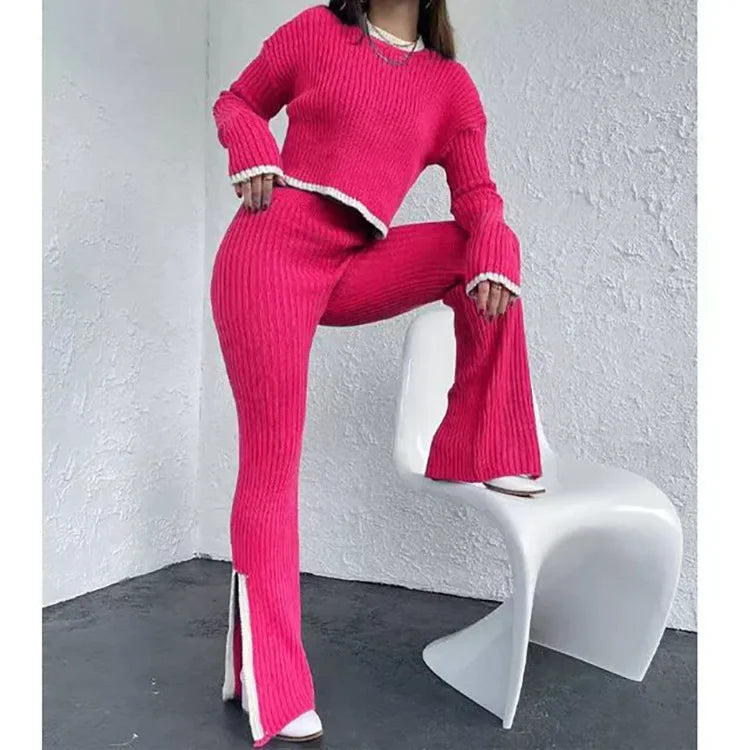 Autumn Winter 2 Pieces Women's Oufit Sets Knitted Tracksuit O-Neck Sweater and Wide Leg Jogging Pants Female Suits - Colouronova