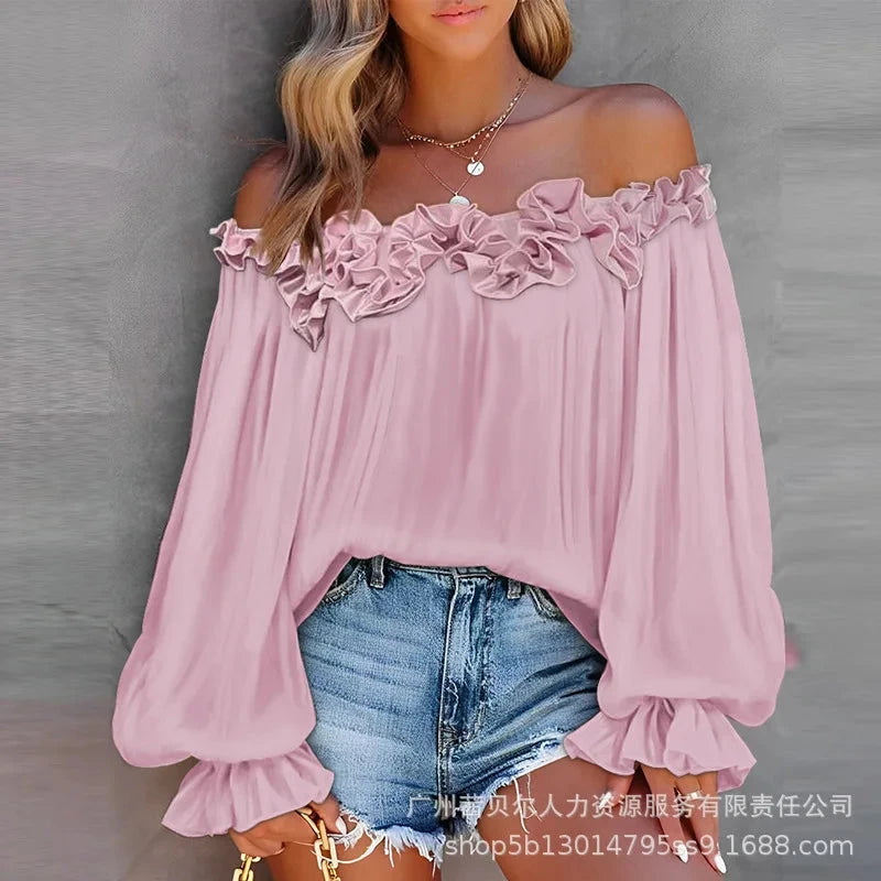 Women Tops Slash Neck Flare Sleeve Solid Pullovers Ruffles Casual T Shirts Elegant Lady Slight Strech Autumn 2024 Patchwork Colouronova