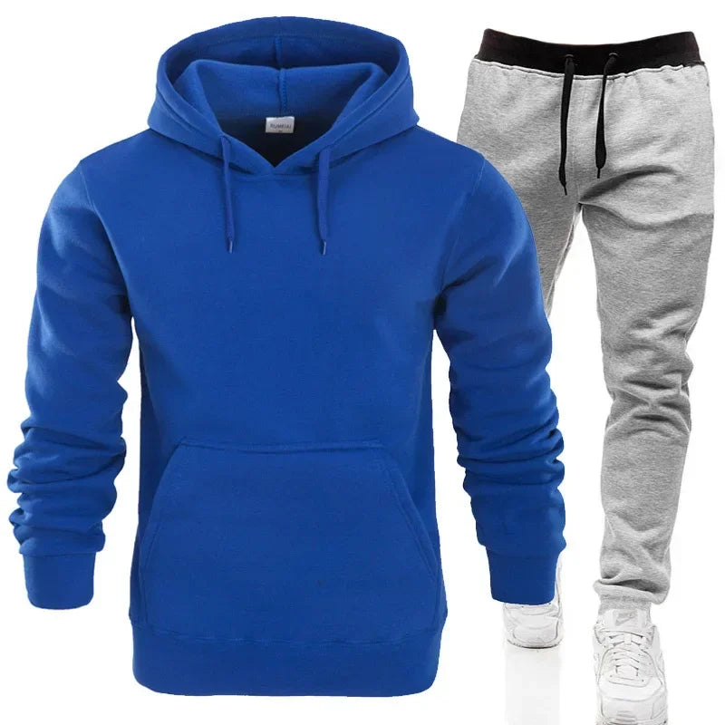 Men Tracksuits Autumn Winter Fleece Warm Suit 2 Pieces Sets Hooded Sweatshirt Pants Long Sweatpants Streetwear Men Outfit Set - Colouronova