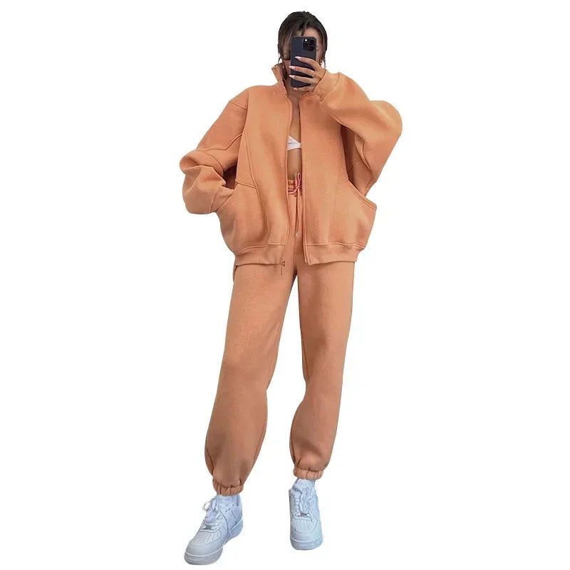 Women Pant Sets Two Piece Sets Zipper Thick Coats Sport Tracksuit Jogger Full Sleeve Solid Loose Long Pants Set Autumn Winter - Colouronova
