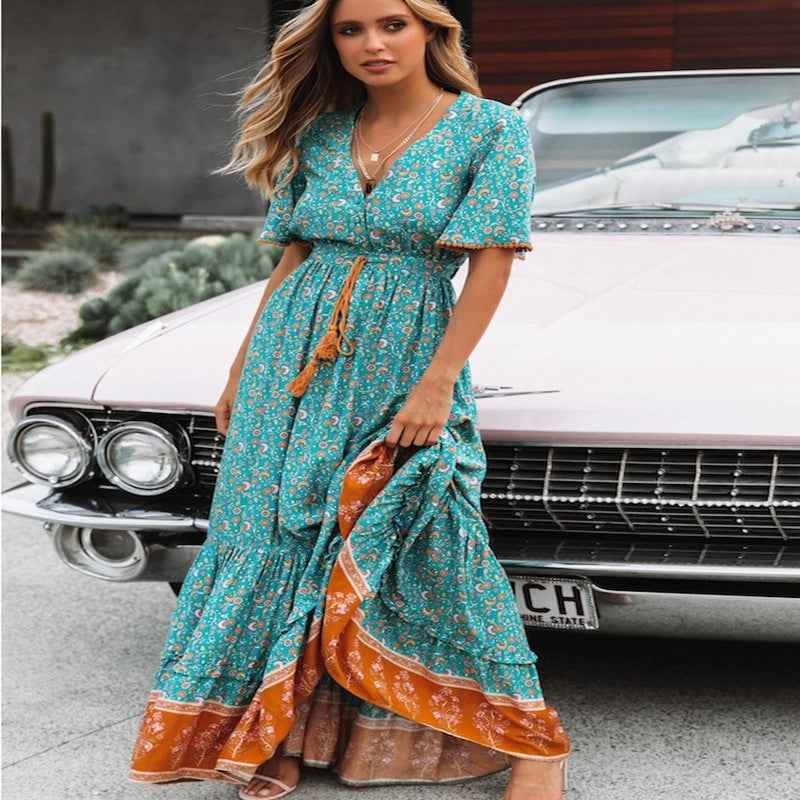 Bohemian Print V-Neck Flowy Dress