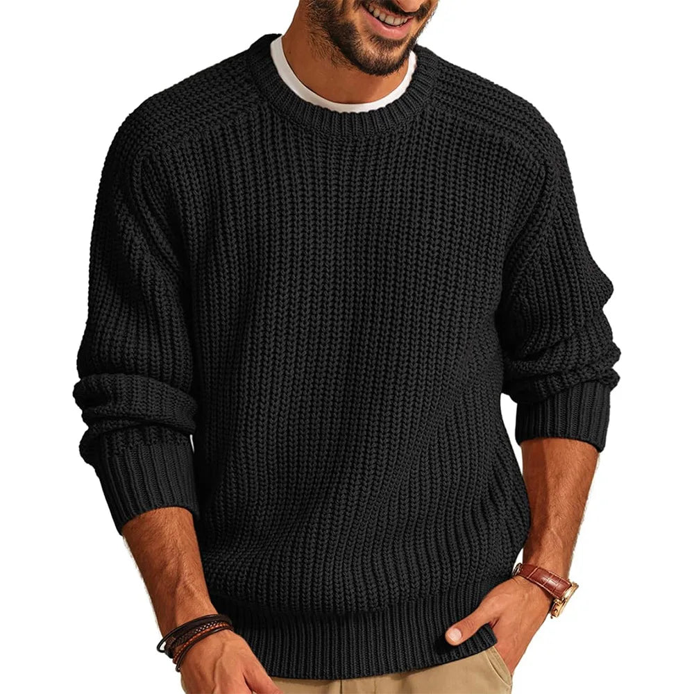 Men Round Neck Pullovers Vintage Solid Long Sleeve Jumpers Knit Sweater Loose Casual Basics Sweaters Autumn Winter 2025 - Colouronova