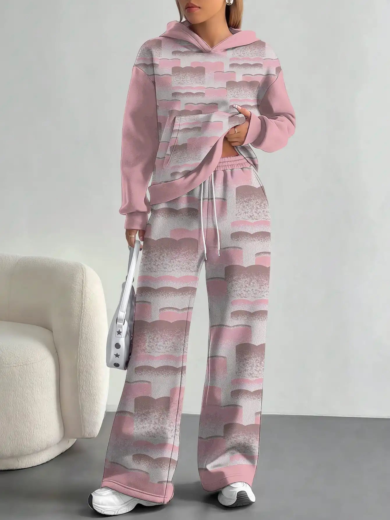 Foreign trade flame splicing printing new hot style 2025 new pink gradient fashion casual European and American women's suit - Colouronova