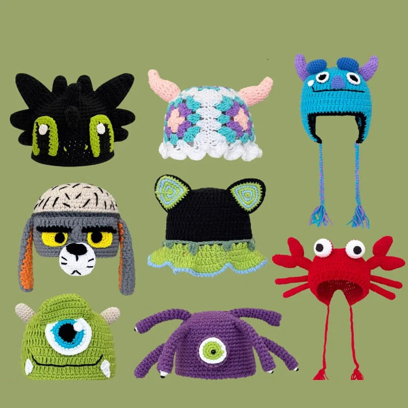 Halloween Green Monster Shrek Style Knitted Hat Funny Cartoon Beanie Cute Strawberry Head Cover Cosplay Party Props for Gifts - Colouronova