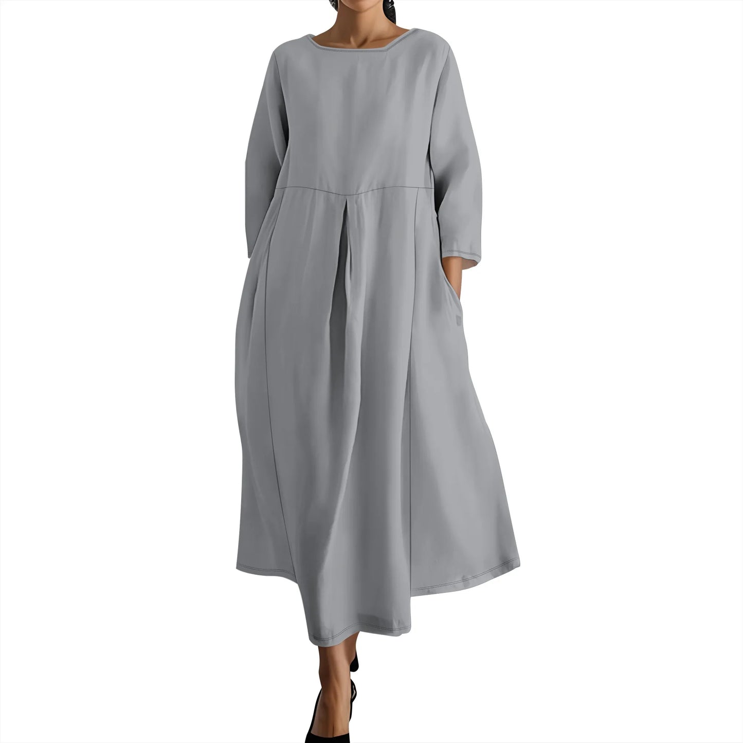 Women's Long Sleeve Elegant Solid Color Autumn Maxi Dresses Casual Loose Plus Size Beach Dress for Women with Pockets - Colouronova
