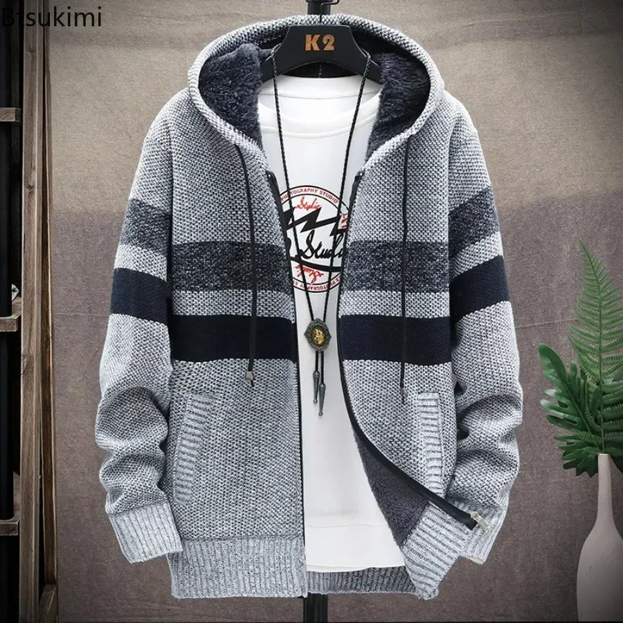 2025 Men's Winter Thick Warm Striped Cardigan Sweater Hooded Faux Fur Wool Jacket Windbreaker Fleece Jumper Knitted Jacket Male - Colouronova