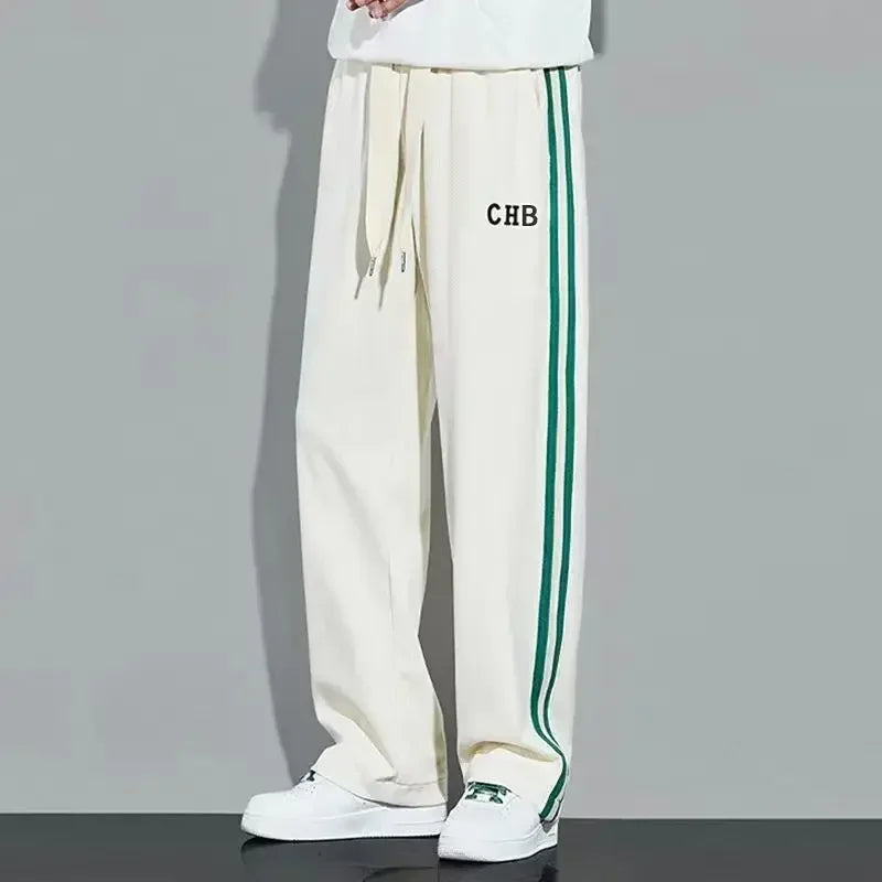 Fleece Thick Warm Straight Casual Pants Men Autumn Winter New Patchwork Striped Drawstring Waist Loose Versatile Sports Trousers - Colouronova