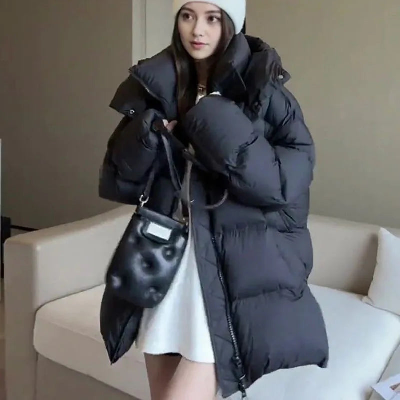 Fashion Down Women Cotton Coat 2025 Winter New Fashion Warm Hooded Solid Color Thickenin Elegance Down Cotton-Padded Jacket H145 - Colouronova