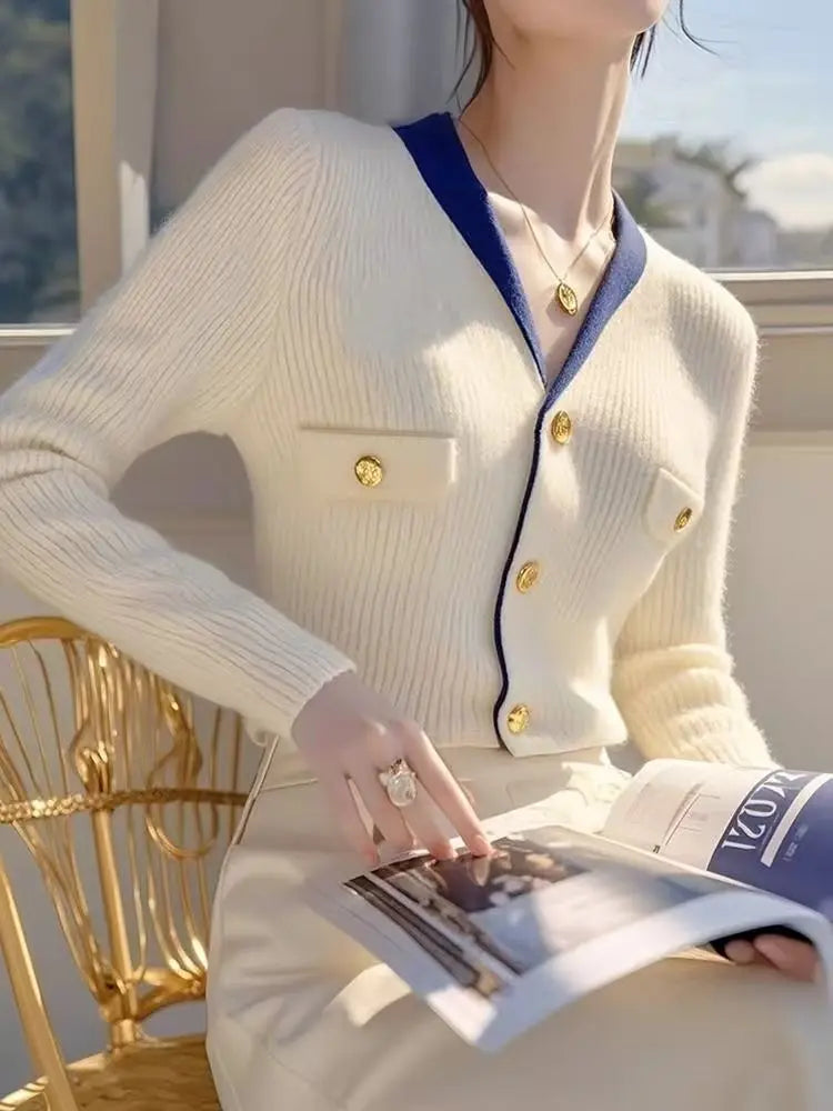 Women's Clothing New Chic Button Soft Elastic Sweaters Autumn Winter Temperament V-neck Slim Knitted Cardigan 2025 Korean Tops - Colouronova